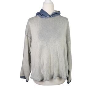 Vintage 90s Body Check cream and blue ribbed knit hooded sweater L